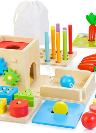 Kizfarm Wooden Montessori Baby Toys, 8-in-1 Wooden Play Kit Includes Object Permanent Box, Coin Box, Carrot Harvest, Shape Sorting & Stacking - Birthday Gift for Boys Girls Toddlers
