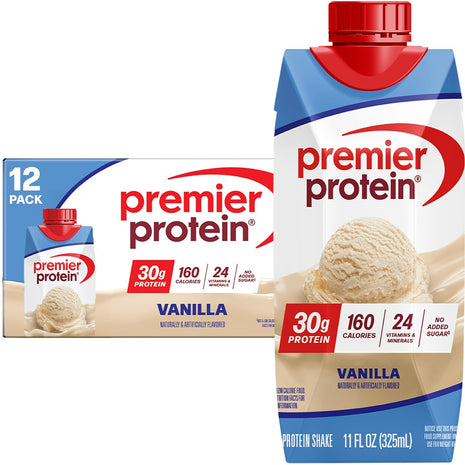 Premier Protein 30g High Protein Shake, Vanilla, 12 Pack | 160 Calories, 24 Vitamins & Minerals, No Added Sugar, Supports Muscle Health, Gluten-Free, 11 oz