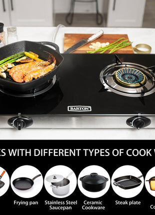 Barton Double Burner Stove w/Auto Ignition LPG Tempered Glass Outdoor Propane Portable Camping Cooktop Range 2-Burner Gas Burner