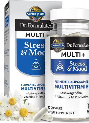 Garden of Life Dr. Formulated Multi+ Stress & Mood, Fermented Liposomal Multivitamin + Ashwagandha, B Vitamins & Probiotics - 60 Capsules, Whole Food Vitamin & Mineral Supplement