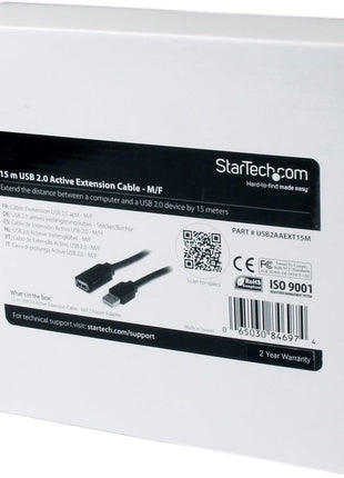 StarTech.com 15m USB 2.0 Active Extension Cable - M/F - 15 meter USB 2.0 Repeater Cable Cord - USB A Male to USB A Female - 15 m, Black, TAA (USB2AAEXT15M)