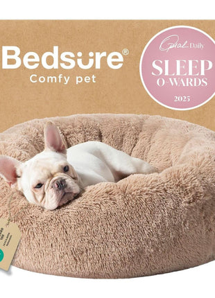 Bedsure Calming Dog Bed Medium Size Dog - Donut Washable Medium Pet Bed, 30 inches Anti-Slip Round Fluffy Plush Faux Fur Cat Bed, Fits up to 45 lbs Pets, Camel