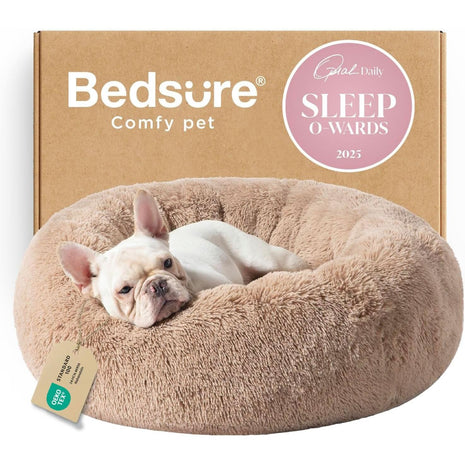 Bedsure Calming Dog Bed Medium Size Dog - Donut Washable Medium Pet Bed, 30 inches Anti-Slip Round Fluffy Plush Faux Fur Cat Bed, Fits up to 45 lbs Pets, Camel