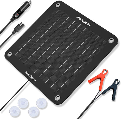 ECO-WORTHY 10W Solar Car Battery Charger Maintainer 12V Waterproof Portable Solar Trickle Charger for Car Truck Boat Lawn Mower RV Trailer Tractor ATV Utility Vehicle Battery