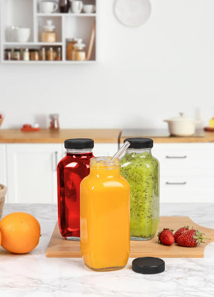 umud Juice Bottles with Lids, 16 Oz, Set of 3 | Clear Glass Jars with Caps, Reusable Empty Drink Containers, For Juicing, Smoothies, Water, Milk, Kombucha Storage