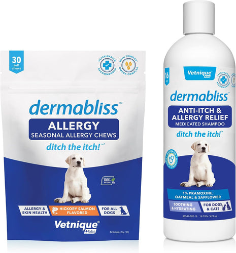 Vetnique Dermabliss Allergy Chews 30 Count and Dermabliss Anti Itch Dog Shampoo Hickory Salmon Soft Chew Supplement Dog Allergy Shampoo