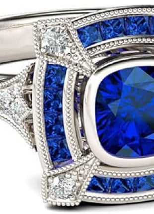 925 Sterling Silver Natural Sapphire Ring Cut Round Cubic Zirconia Classic Promise Ring CZ Cocktail Ring Eternity Engagement Wedding Ring Women Fits Her Size 6-10 587 (8)