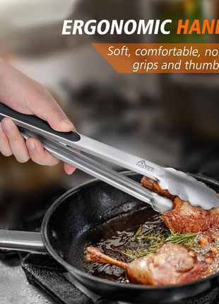 Hotec Stainless Steel Kitchen Tongs, Set of 2-9 inch and 12 inch, Locking Metal Food Tongs for Cooking, Serving, BBQ, Grill Non-Slip Grip