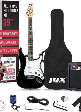 LyxPro Electric Guitar 39 inch inch Complete Beginner Starter kit Full Size with 20w Amp, Package Includes All Accessories, Digital Tuner, Strings, Picks, Tremolo Bar, Shoulder Strap, and Case Bag   Black