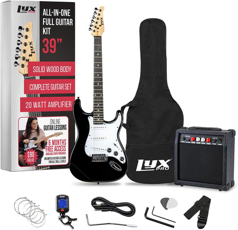 LyxPro Electric Guitar 39 inch inch Complete Beginner Starter kit Full Size with 20w Amp, Package Includes All Accessories, Digital Tuner, Strings, Picks, Tremolo Bar, Shoulder Strap, and Case Bag   Black