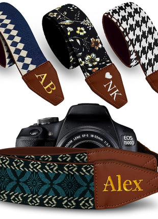 Camera Strap - Shoulder, Crossbody & Neck Camera Strap for Photographers, Fits All Cameras, Canon Nikon Sony Fujifilm, Padded Strap W/ Quick Release, Embroidered Cotton & Leather Ends, Blue