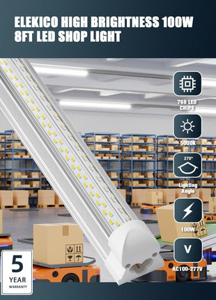 ELEKICO 6 Pack 100w 8ft Led Shop Light, Super Bright 15000lm 5000k V Shape 8' Led Shop Lights, Linkable 8 Foot Led Shop Lights for Garage Warehouse, Supermarket, Basement, Barn, Storage Area