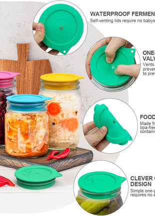 Sophico Silicone Fermenting Lids, Waterless Airlock Fermentation Tops Mason Jar Lid Fermenter Caps for Pickles, Kimchi, and Fermented Probiotic Food   4 Pack, Wide Mouth (Jars Not Included)