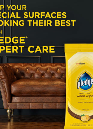 Pledge Expert Care Enhancing Wood Wipes, Lemon Scent, 24 Count