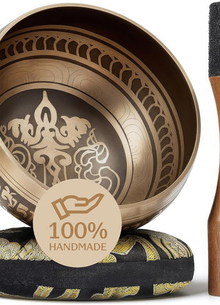 Handmade Tibetan Etched Singing Bowl Set? Sound Bowl & Meditation Bowl with Cushion, Mallet & Guide? Yoga Kit? Stress Relief Tools? Ancient Himalayan Meditation Tools
