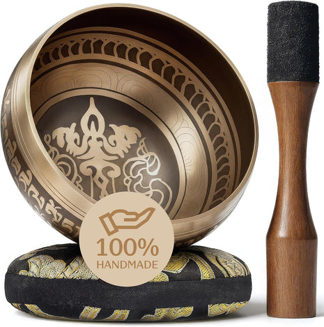 Handmade Tibetan Etched Singing Bowl Set? Sound Bowl & Meditation Bowl with Cushion, Mallet & Guide? Yoga Kit? Stress Relief Tools? Ancient Himalayan Meditation Tools