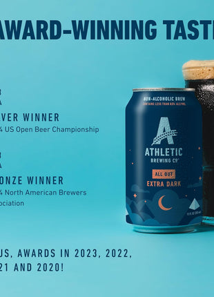 Athletic Brewing Company Craft Non Alcoholic Beer, Extra Dark Brew With Coffee & Chocolate Notes, Pair With Meat, Dried Fruit or Dessert, Vegan, All Out, 12 Pack, 12 FL Oz Cans