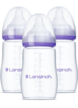 Lansinoh Anti-Colic Baby Bottles, BPA-Free Plastic, 8 Ounces, 3 Count, Medium Flow Nipples (Size M), Breastfeeding Bottle with NaturalWave Design, Baby Essentials