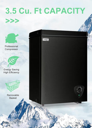 Deep Chest Freezer 3.5 Cu.Ft Mini Freezer Black for Apartment Kitchen | Free-Standing Top Door, 7 Level Adjustable Thermostat, Removable Basket, Low Noise
