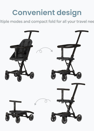 Dream On Me Coast Rider Lightweight Travel Stroller, 45 Lb Limit, Black | 5-Point Harness, Smooth Wheels, Compact Baby & Toddler Stroller, Theme Park Approved, Quick Fold, Converts to Rider & Scooter