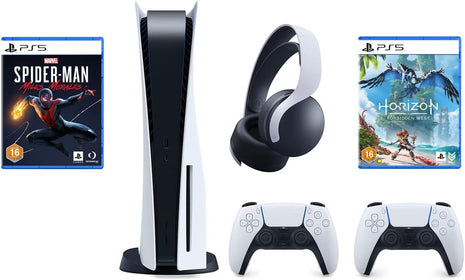 Playstation 5 Disc Console with PS5 Horizon Forbidden West, Spiderman Miles Morales and Extra Pulse 3D Wireless Headset and Extra Dualsense Controller Bundle