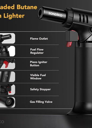 Sondiko Butane Torch Lighter with Visible Fuel Window, Refillable Soldering Torch with Adjustable Flame for Welding, Resin Art, Industrial (Butane Gas Not Included)