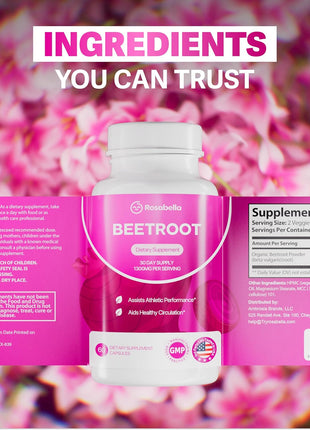 Rosabella Organic Beet Root Capsules - 1300mg Beet Root Powder Aids Healthy Circulation & Vitality, Non-GMO, Beet Root Supplement - 60 Capsules, 30-Day Supply