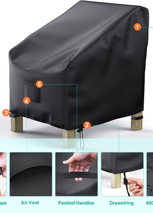 Patio Chair Covers for Outdoor Furniture Waterproof 2 Pack, Lawn Chair Covers 600D Heavy Duty Oxford Cloth, Large Covers for Lounge Lawn Deep Seat Black 38 inch W x 31 inch D x 29 inch H