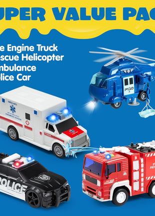 JOYIN 4 Packs Emergency Vehicle Toy Playsets, Friction Powered Vehicles with Light and Sound, Including Fire Truck, Ambulance, Play Police Car and Helicopter, Toddler Kids Boys Gifts