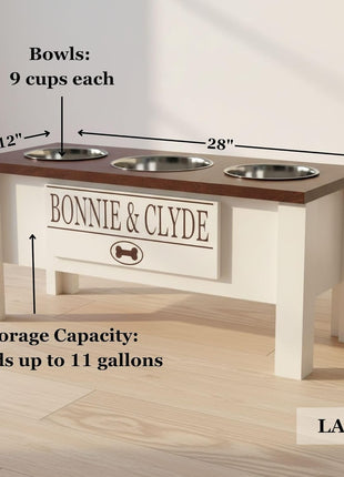 3 Bowl Dog Feeding Station, Personalized Triple Bowl Food Stand Large Dogs | Farmhouse Style, Elevated Wood Stand, Storage Container, Stainless Steel Bowls, Raised Feeder, Large Breed, Made in USA
