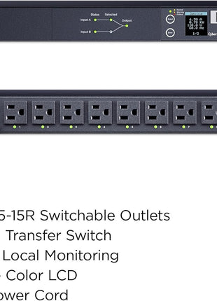 CyberPower PDU44001 Switched ATS PDU | 100-120V, 15A (Derated to 12A), 10 Outlets, 1U Rackmount