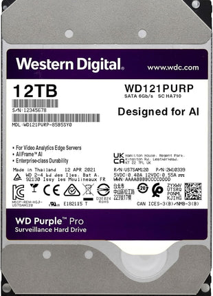 Western Digital 12TB WD Purple Pro Surveillance Internal Hard Drive HDD - SATA 6 Gb/s, 256 MB Cache, 3.5 inch - WD121PURP