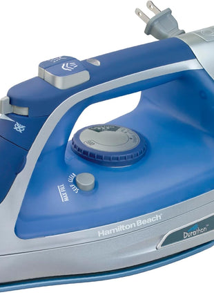 Hamilton Beach Steam Iron For Clothes With Adjustable Steam Settings | Scratch-Resistant Durathon Soleplate | 8' Retractable Cord | 3-Way Auto Shutoff | Anti-Drip | 1500 Watts | Blue