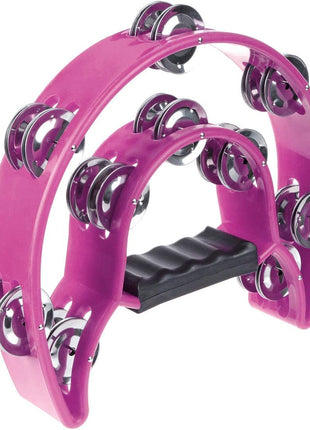 Half Moon Musical Tambourine Double Row Metal Jingles Hand Held Percussion Drum Multicolor (Pink) for KTV Party with Ergonomic Handle Grip