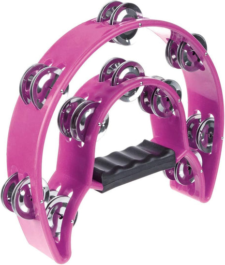 Half Moon Musical Tambourine Double Row Metal Jingles Hand Held Percussion Drum Multicolor (Pink) for KTV Party with Ergonomic Handle Grip