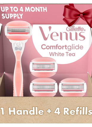 Gillette Venus ComfortGlide White Tea Women's Razor, Handle + 4 Blade Refills