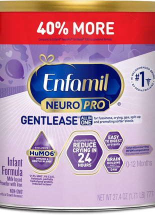 Enfamil NeuroPro Gentlease for easing Fussiness, Crying, Gas, Spit-up in 24 Hrs, Smaller Proteins for Easy Digestion, Brain Supporting DHA, Prebiotic Blend, HuMO6*, Baby Formula, 27.4 Oz Can