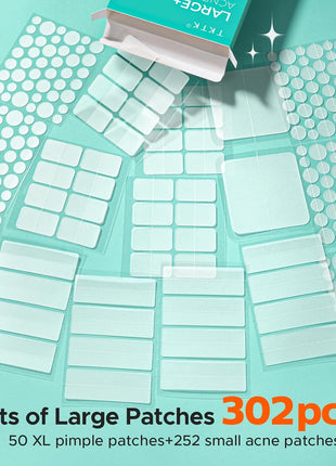 TKTK Large Pimple Patches for Face, 7 Sizes XL Acne Patches, Big Hydrocolloid Bandages for Body, Chin, Forehead, Chest, Back Zit Breakouts, Hydrocolloid Patch (Strip, Square, Dot 302 Count)
