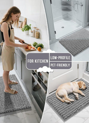 Yimobra Bathroom Rugs Non-Slip Washable – Extra Soft & Absorbent Chenille Bath Mat, Quick-Dry Plush Shaggy Floor & Vanity Bath Rugs for Tub & Shower, Modern Home Decor Accessories, 24 x 17, Grey