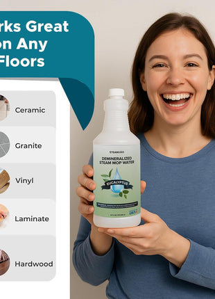 Steam & Go   Demineralized Water for Steam Cleaner, PVC Free Floor Cleaner Liquid Compatible With Any Steam Mop, Ready to Use Multisurface Cleaner, Scented Mop Solution, Eucalyptus Mint, 32 oz