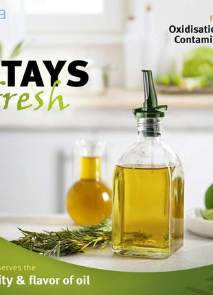 AIRTIGHT Olive Oil Pour Spout for Olive Oil Dispenser - UK Patented Oil Pourer - Hygienic One Handed Open Close Mechanism Keeps Oil Fresh. Dust Caps Cover | Screens Alternative - Green 2 PCs