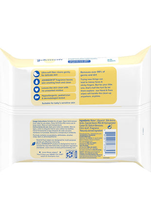 Johnson's Baby Disposable Hand & Face Cleansing Wipes, Pre-Moistened Wipes Gently Remove 99% of Germs & Dirt from Delicate Skin, Paraben-, Phthalate- & Alcohol-Free, Hypoallergenic, 25 Count