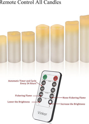 Vinkor Flameless Candles Battery Operated Candles Real Wax Pillar LED Candles with 10-Key Remote and Cycling 24 Hours Timer (Ivory 4 inch 5 inch 6 inch 7 inch 8 inch 9 inch)