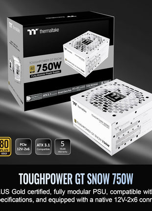 Thermaltake Toughpower GT 750W Snow ATX 3.1 Power Supply; 80 Plus Gold Efficiency; Smart Zero Fan; Native 600W PCIe 5.1 Connector; PS-TPT-0750FNFAGU-W; 5 Year Warranty