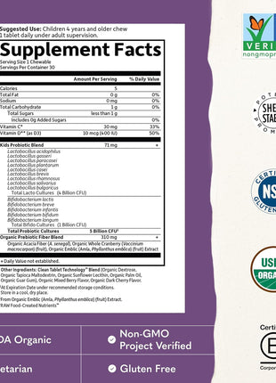 Garden of Life Dr. Formulated Probiotics Organic Kids+ plus Vitamin C & D - Berry Cherry - Gluten, Dairy & Soy Free Immune & Digestive Health Supplement, No Added Sugar, 30 Chewables (Shelf Stable)