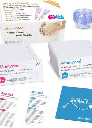 MomMed Ovulation Test Strips, Ovulation and Pregnancy Tests (LH50-HCG20), Includes 50 Ovulation Tests and 20 Pregnancy Tests with 70 Urine Cups, Accurately Track Ovulation and Detect Early Pregnancy