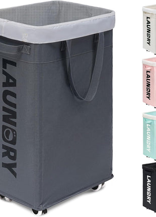 Goodpick Laundry Basket with Wheels, 75L Laundry Hamper, Dorm Room Essentials with Removable Wash Bag for Laundry Room, Rolling Laundry Basket with Handles, Grey