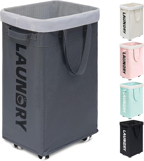 Goodpick Laundry Basket with Wheels, 75L Laundry Hamper, Dorm Room Essentials with Removable Wash Bag for Laundry Room, Rolling Laundry Basket with Handles, Grey