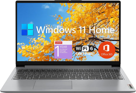 Lenovo IdeaPad 1 Student Laptop, 15.6 inch FHD Display, Intel Dual Core Processor, 12GB RAM, 512GB SSD + 128GB eMMC, 1 Year Office 365, Wi-Fi 6, Webcam, Bluetooth, SD Card Reader, Windows 11 Home, Grey
