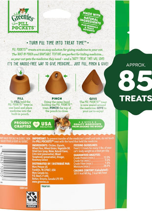 Greenies Feline Pill Pockets for Cats Natural Soft Cat Treats, Chicken Flavor, 3 oz. Pouch (85 Treats)